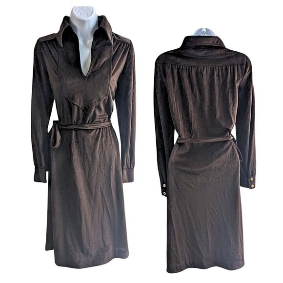 Vintage 70s JONATHAN LOGAN by Mel Ross Brown Stretch Velour Midi Dress Size S/M - Picture 1 of 9